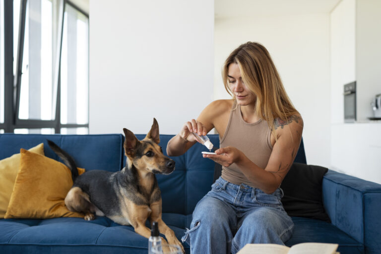 medium shot woman with cute dog home