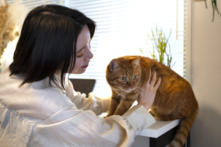 side view japanese woman with cat