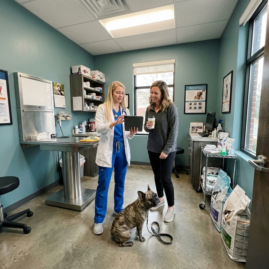 Uma conversa sobre os cuidados de um cão durante uma consulta veterinária.