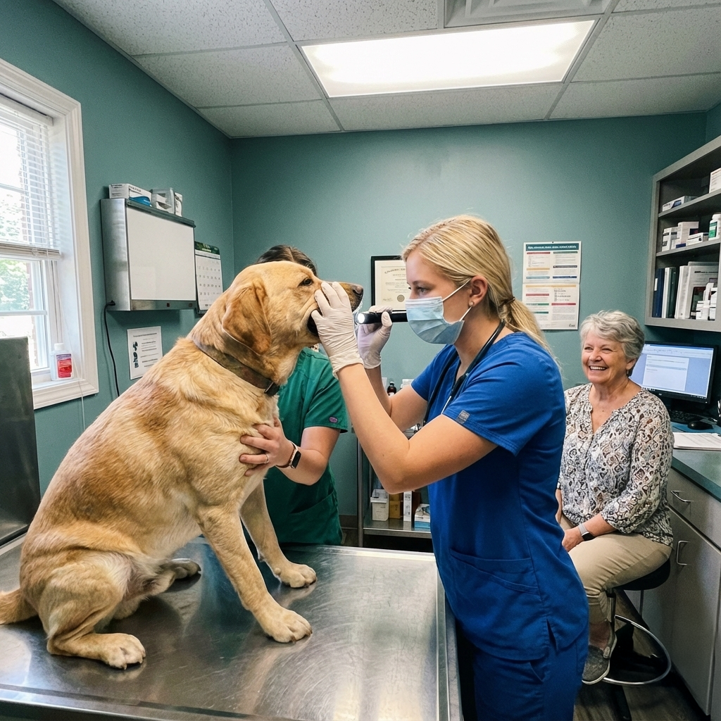Avaliação da boca de um cão durante uma consulta veterinária.