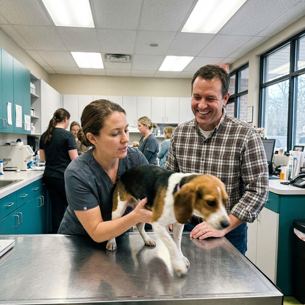 Uma profissional veterinária examina um cão acompanhado pelo tutor.