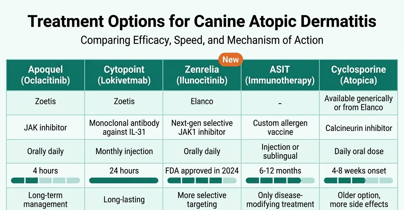 Canine atopic dermatitis treatment options comparison — Apoquel, Cytopoint, Zenrelia, ASIT, Cyclosporine — Beyond Pets