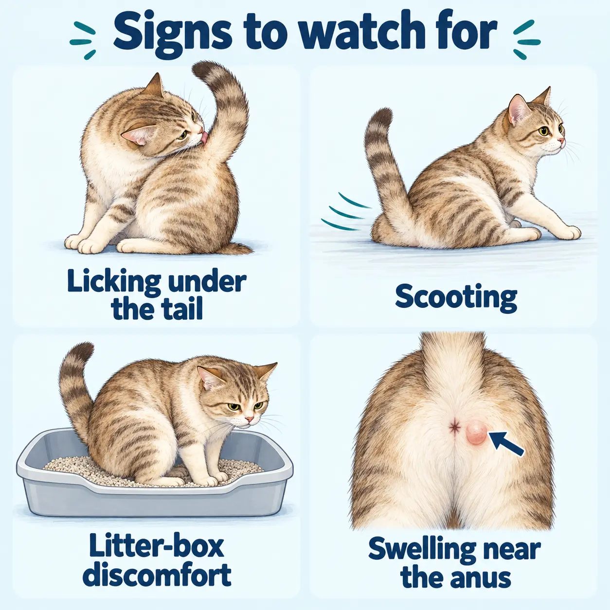 Four illustrated signs: licking under the tail, scooting, litter-box discomfort, and swelling beside the anus.