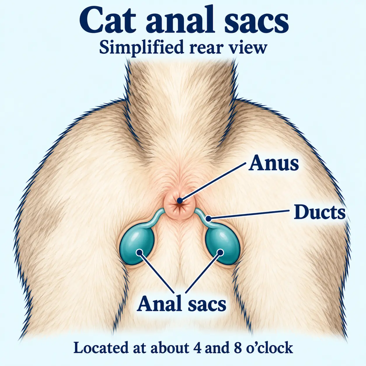 Simplified rear view showing the anus, two anal sacs at about 4 and 8 o’clock, and short ducts connecting the sacs to the anal margin.