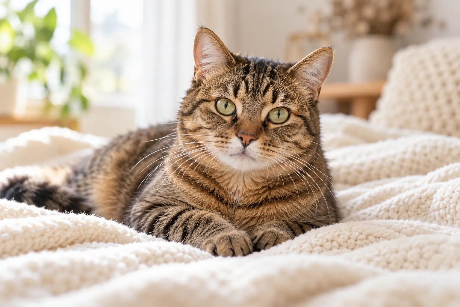 Relaxed brown tabby cat resting on a cream blanket in soft daylight.